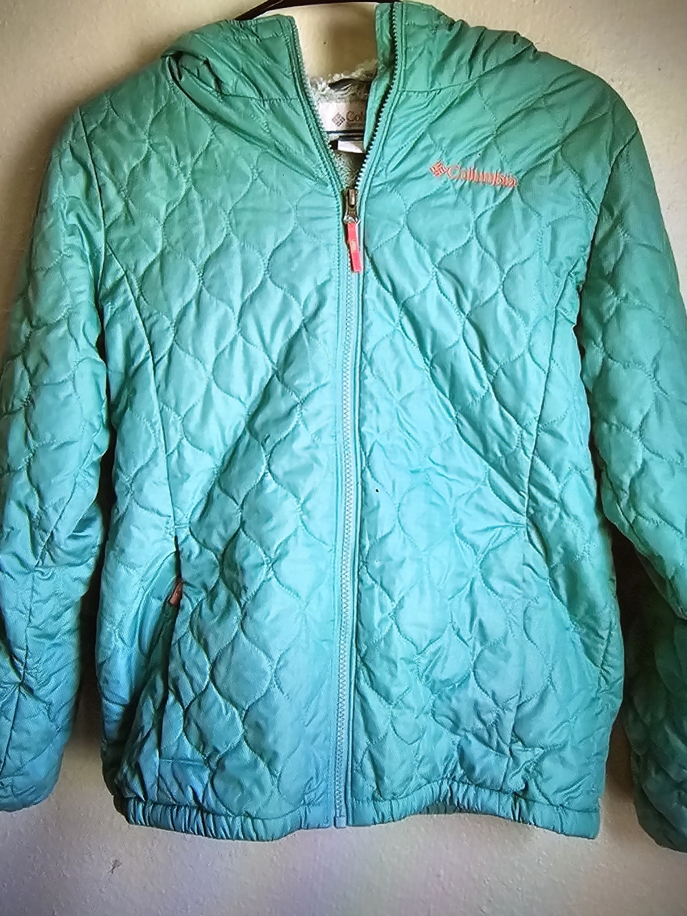 Columbia Girls Bella Plush Quilted Hooded Jacket L 14/16 Teal Aqua Pink